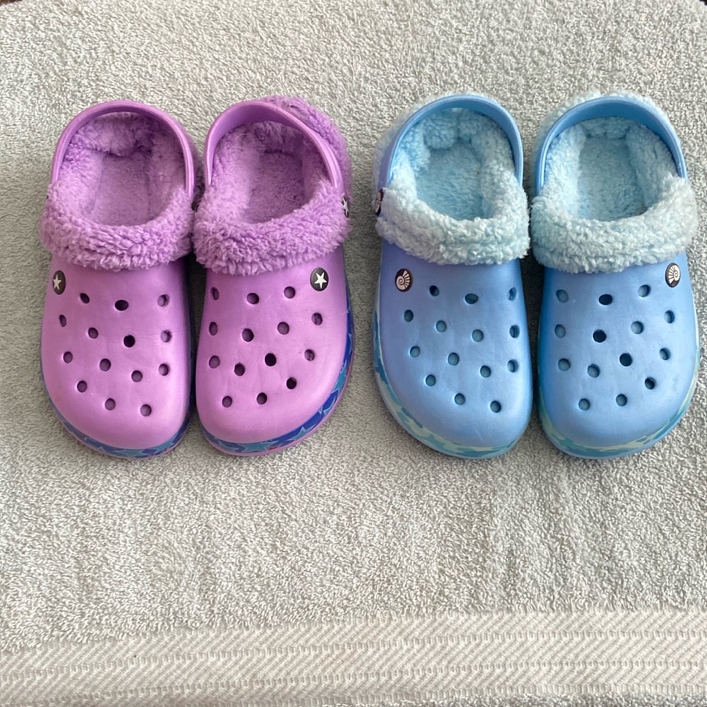 2 pair mock crocs. 1 purple and 1 blue. Fleece lined.